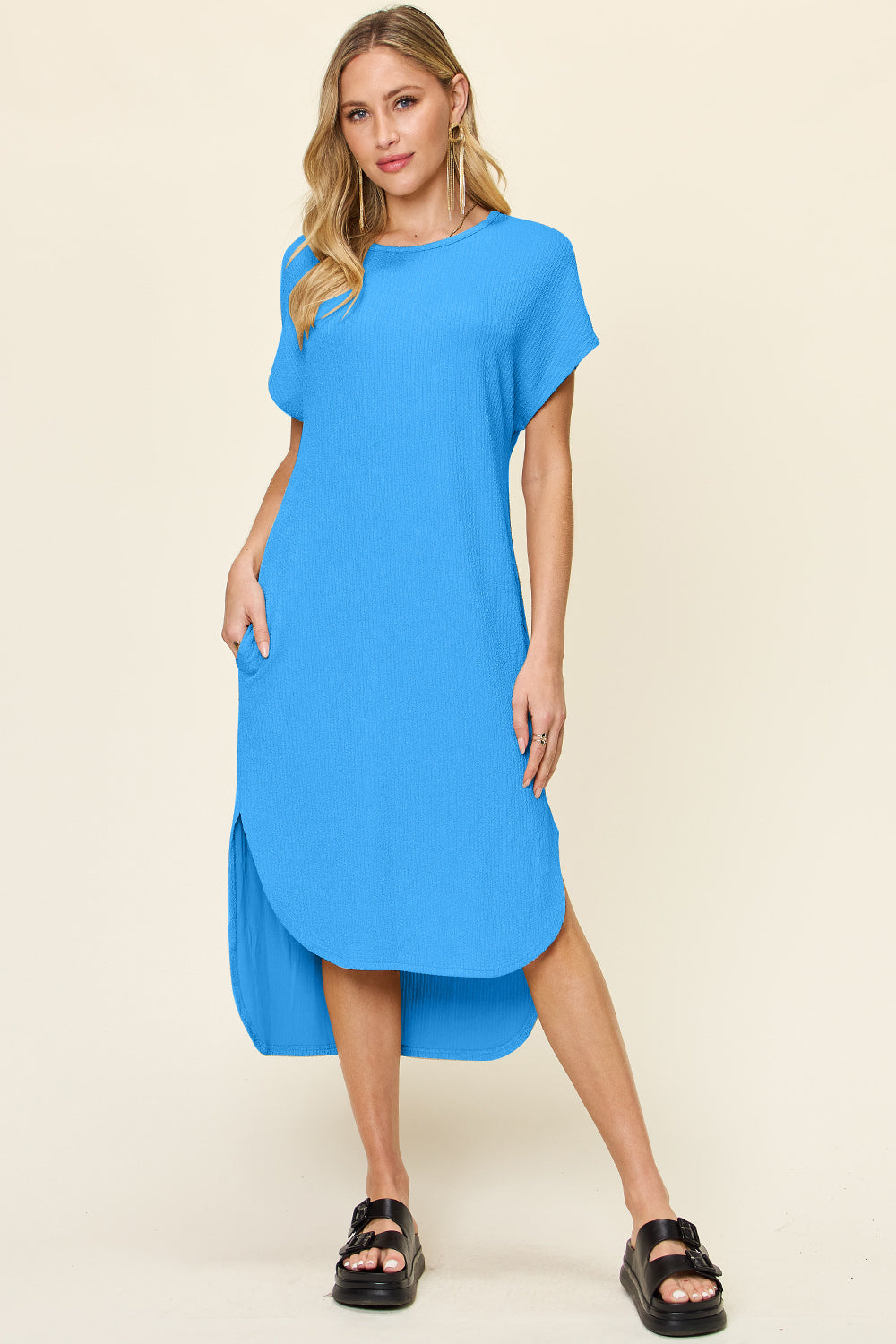 Double Take Full-Size Round Neck Short Sleeve Slit Dress - High Low Hem and Stretchy Comfort