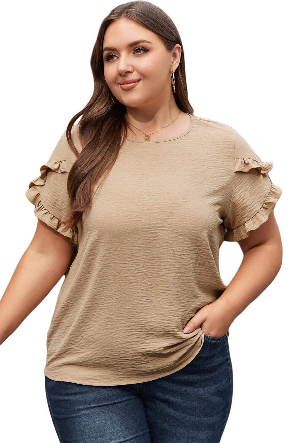 Light French Beige Ruffled Short Sleeve Plus Size Top - Stylish & Comfortable for Everyday Wear