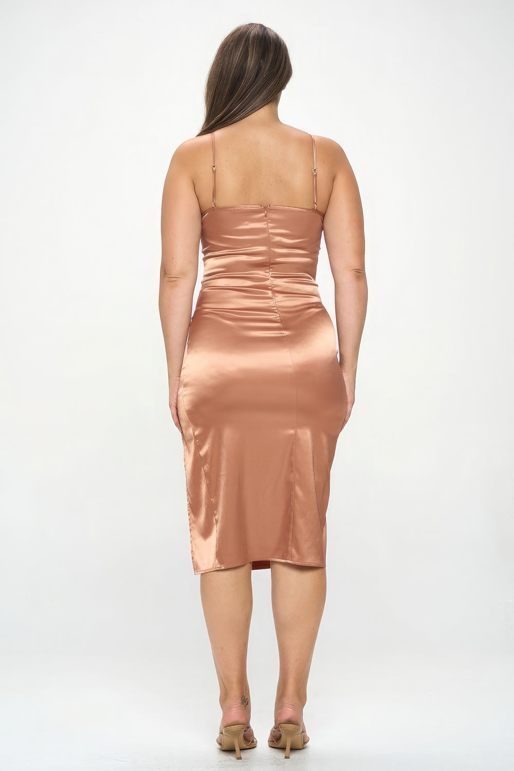 Plus Solid Satin Front Knot Bodycon Midi Dress – Curve Accentuating Elegance