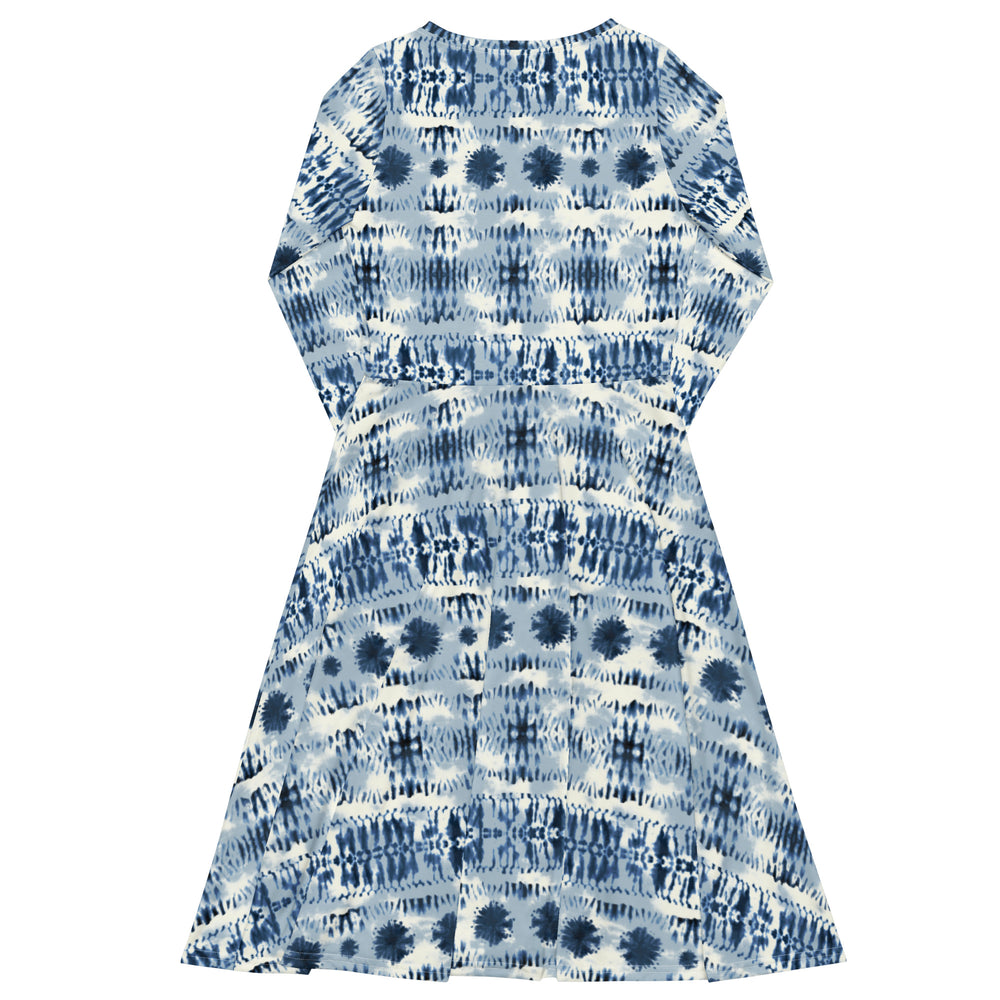 Retro-Chic Tie-Dye Long Sleeve Midi Dress with Pockets