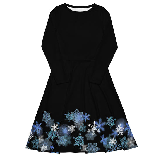 Playful Snowflakes Long-Sleeve Midi Dress with Pockets - Perfect Holiday Dress