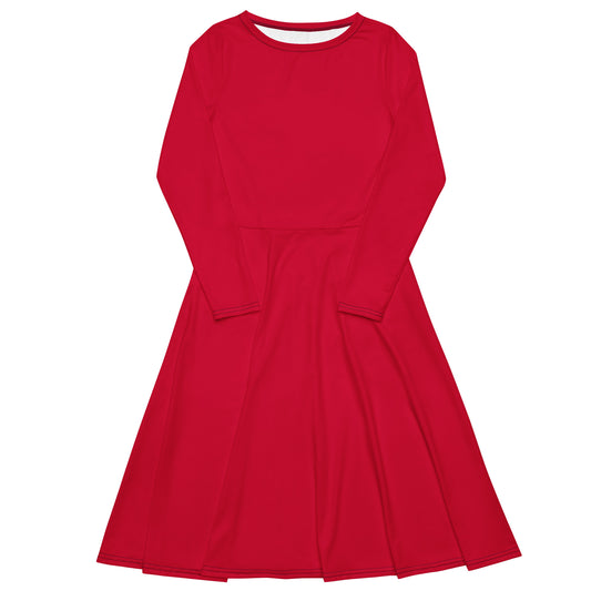 Crimson Passion Long Sleeve Midi Dress With Pockets