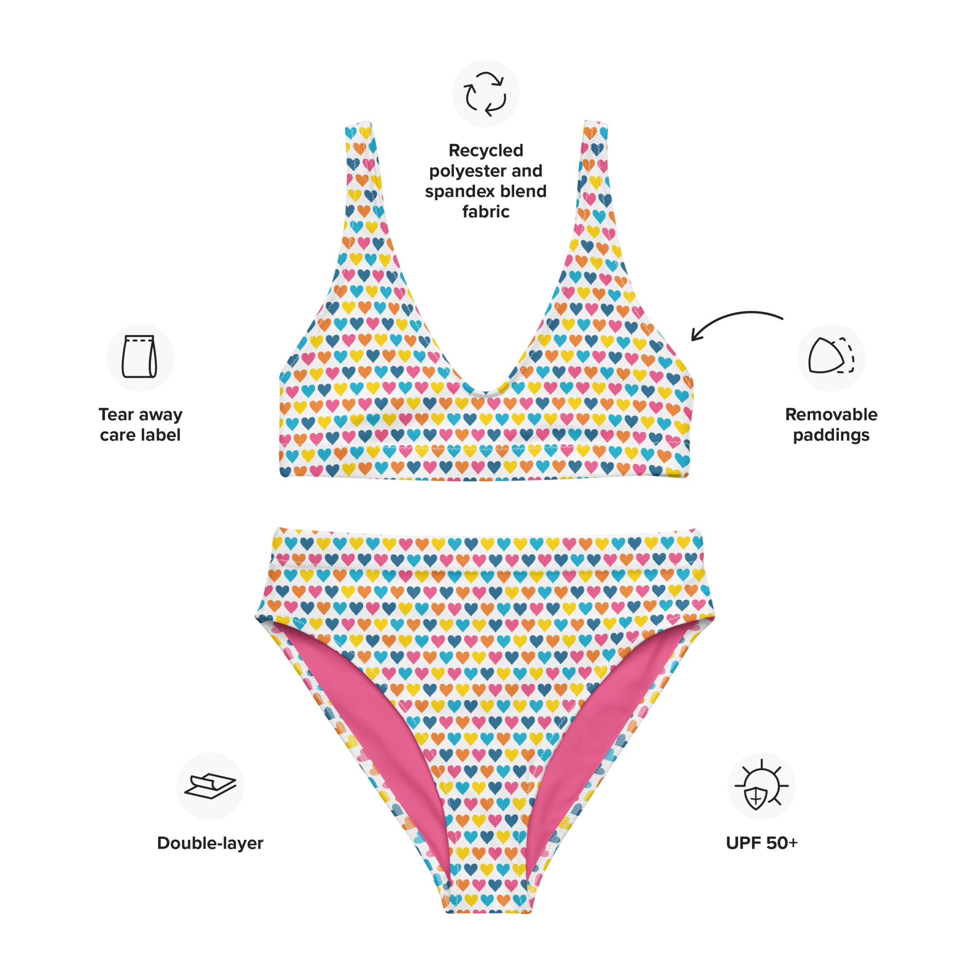 Rainbow Hearts High-waisted Recycled Bikini