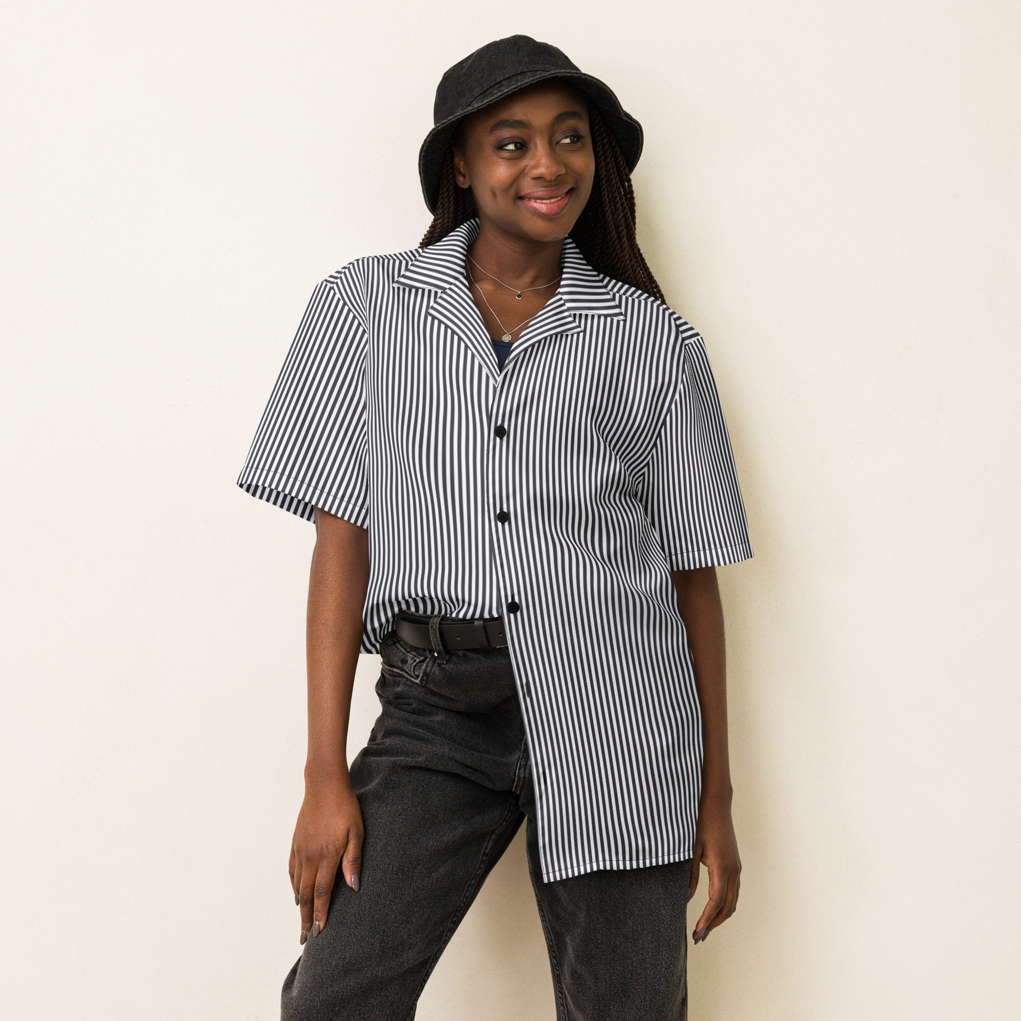 Black and White Stripe Unisex Button Shirt