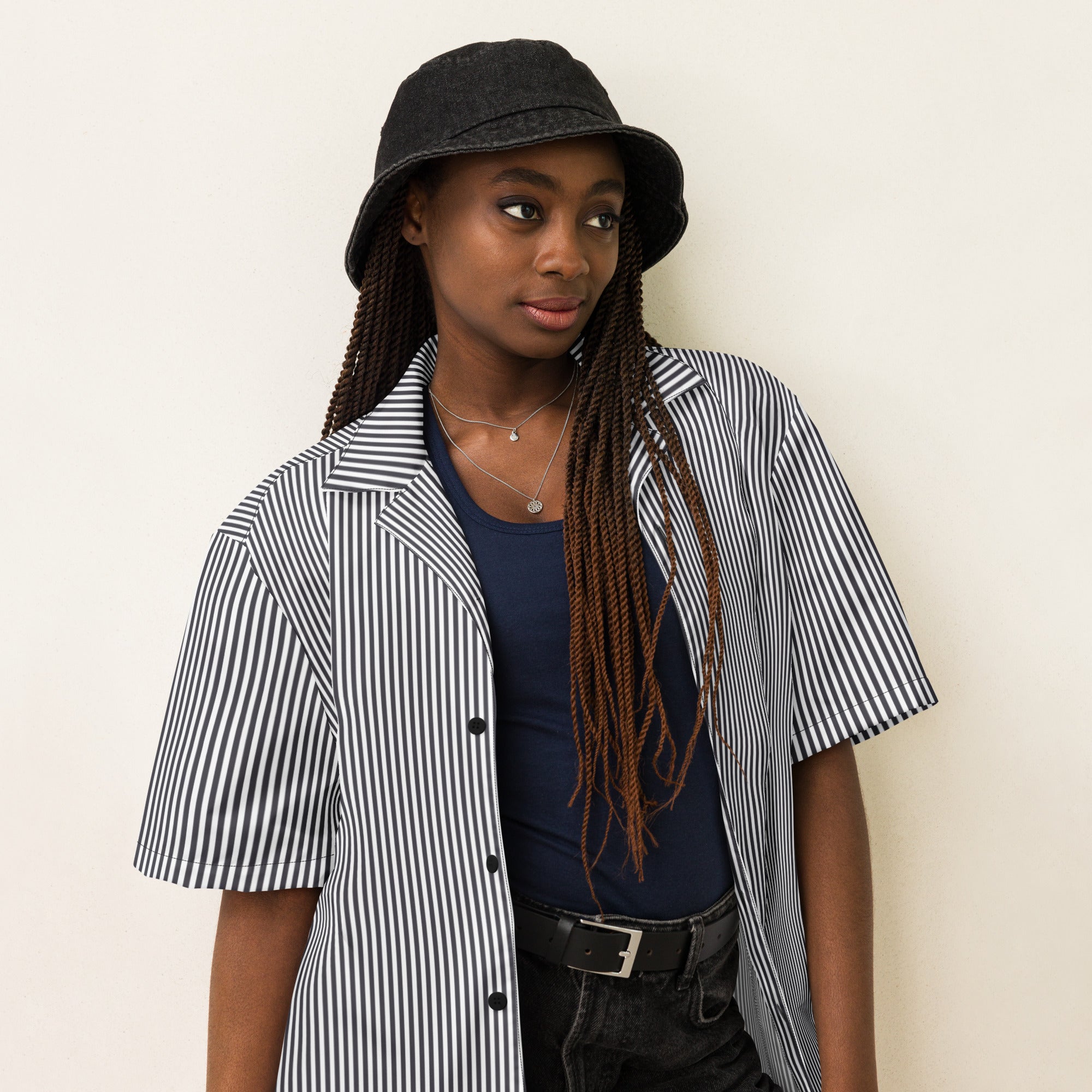 Black and White Stripe Unisex Button Shirt