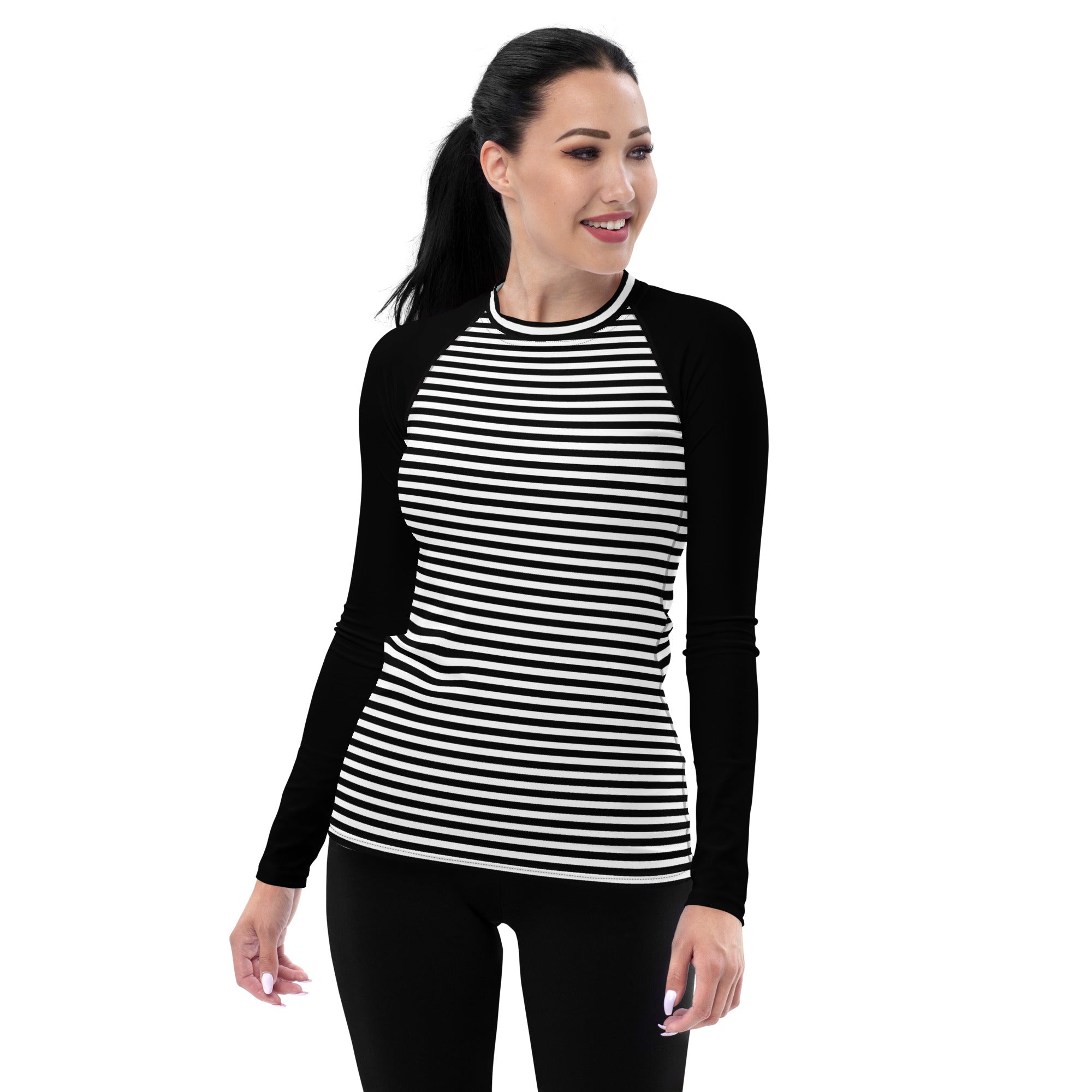 Black and White Striped Women's Rash Guard