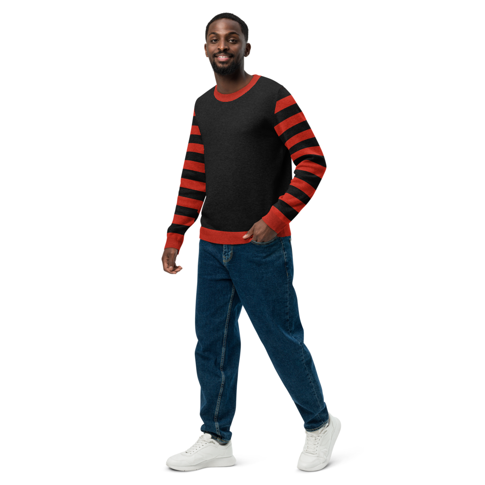 Red and Black Stripe Knitted Crew Neck Sweater