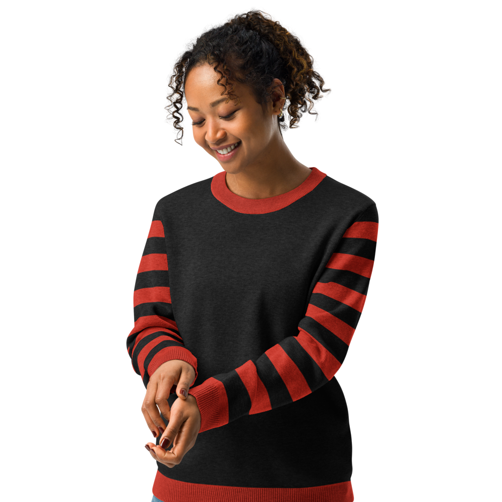 Red and Black Stripe Knitted Crew Neck Sweater