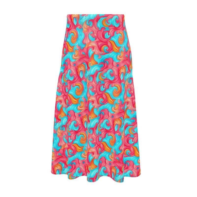 A stylish  midi skirt adorned with lively abstract patterns in various colors, creating a visually striking appearance.