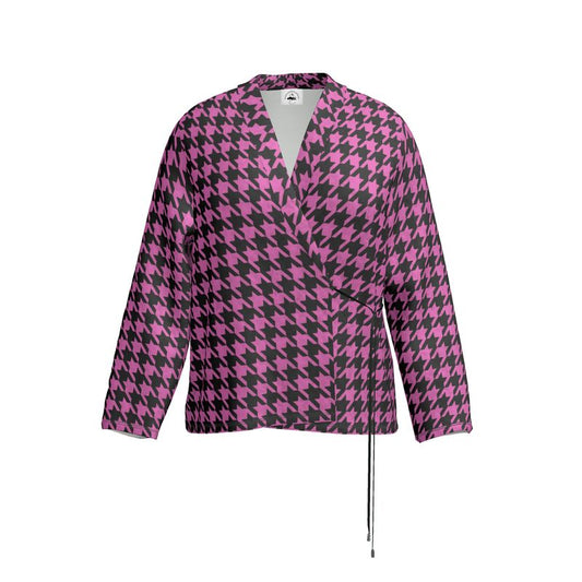 Luxury Chic Pink Houndstooth Wrap Blazer: Versatile Elegance Redefined