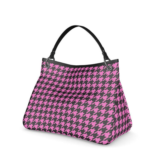 Chic Pink Houndstooth 'Talbot' Slouch Bag - Handmade Full-Grain Leather Casual Style