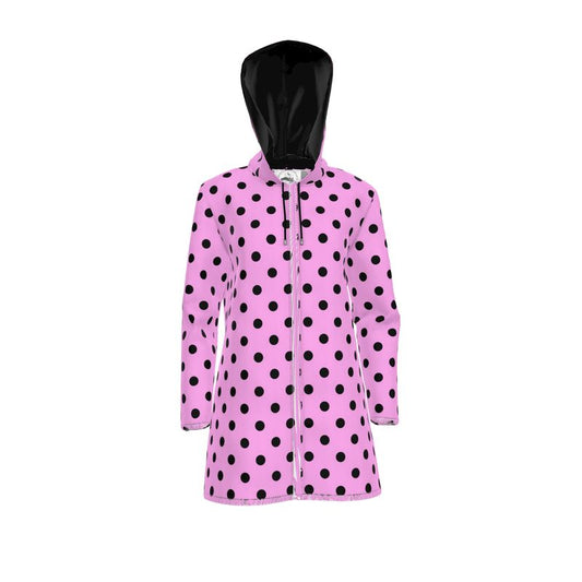 Pink raincoat with black polka dots and a hood