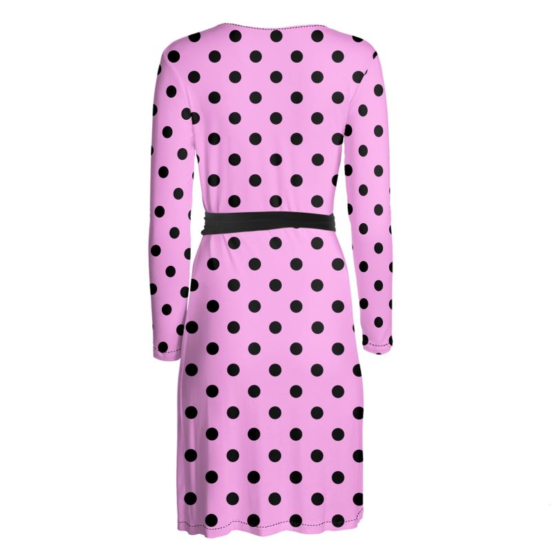Elegant Black and Pink Polkadot Long Sleeve Wrap Dress