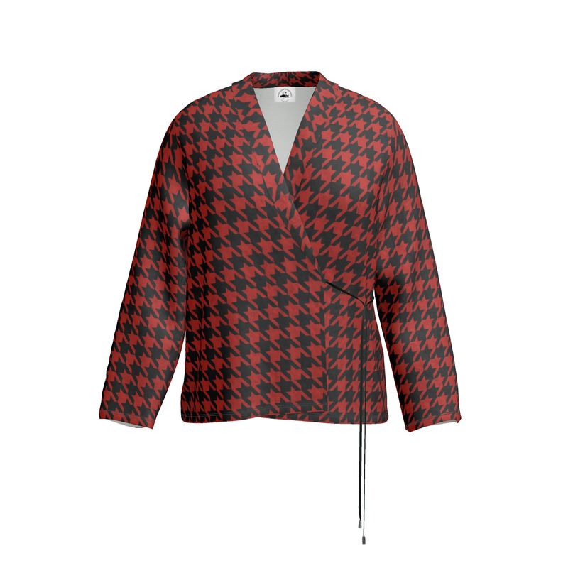Sophisticated Red and Black Houndstooth Wrap Blazer - Dual Texture Options