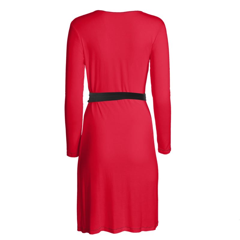 Fire Engine Red Long-Sleeve Wrap Dress with Belt Tie