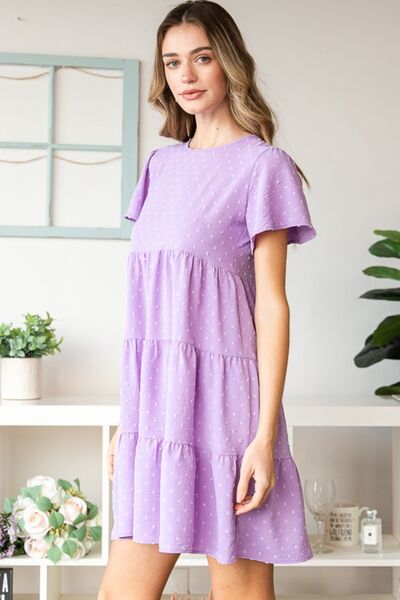 Heimish Swiss Dot Short Sleeve Tiered Babydoll Dress - Full Size