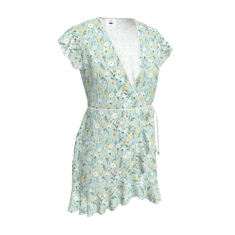 Romantic Spring Floral Tea Dress, Sleeveless Wrap Style with Feminine Flounce Detailing