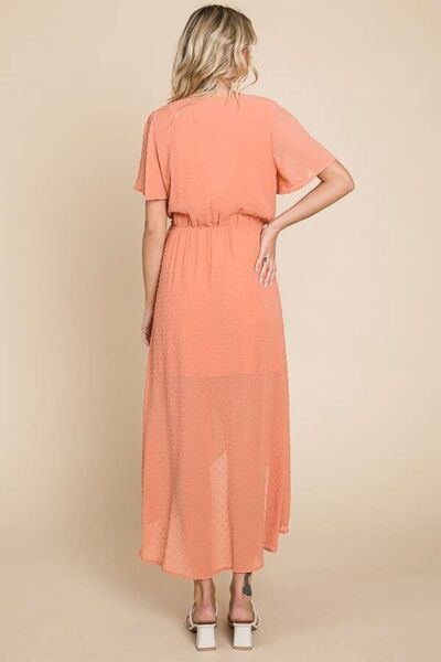 Culture Code Swiss Dot Elegant Midi Dress with Short Sleeves, Tie Waist, and Slit Detail