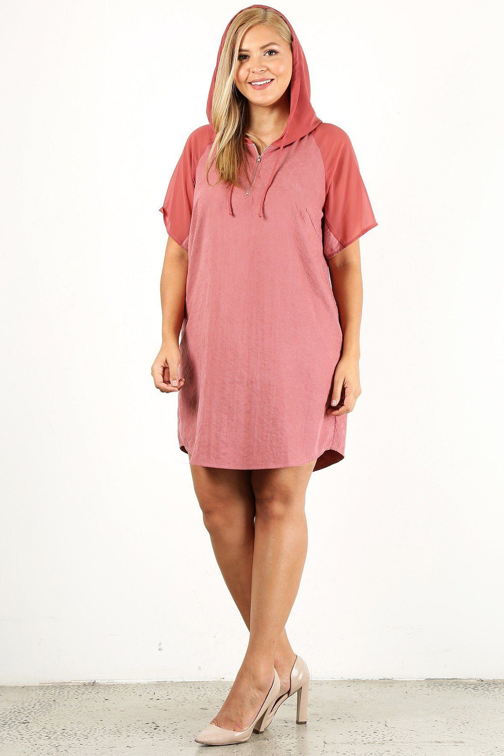 Plus Size Solid Mauve Dress with Zip-Up Closure and Hoodie